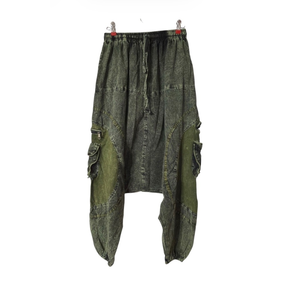 Therapy Acid Wash Harem Cargo Pants Green Cotton Drop Crotch Joggers L/XL